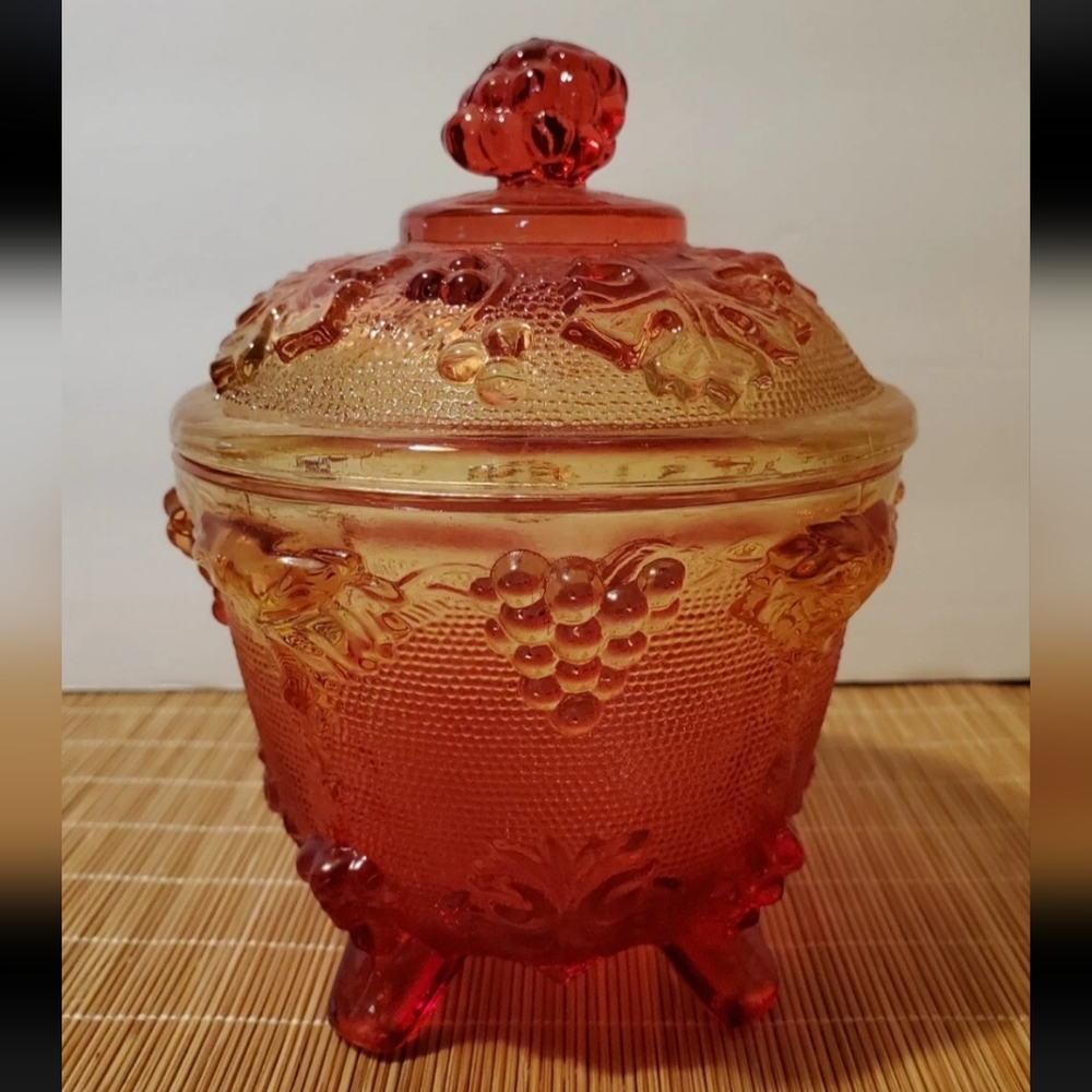 Vintage Jeannette Glass Amberina Grape Pattern Footed Candy Dish w/Lid